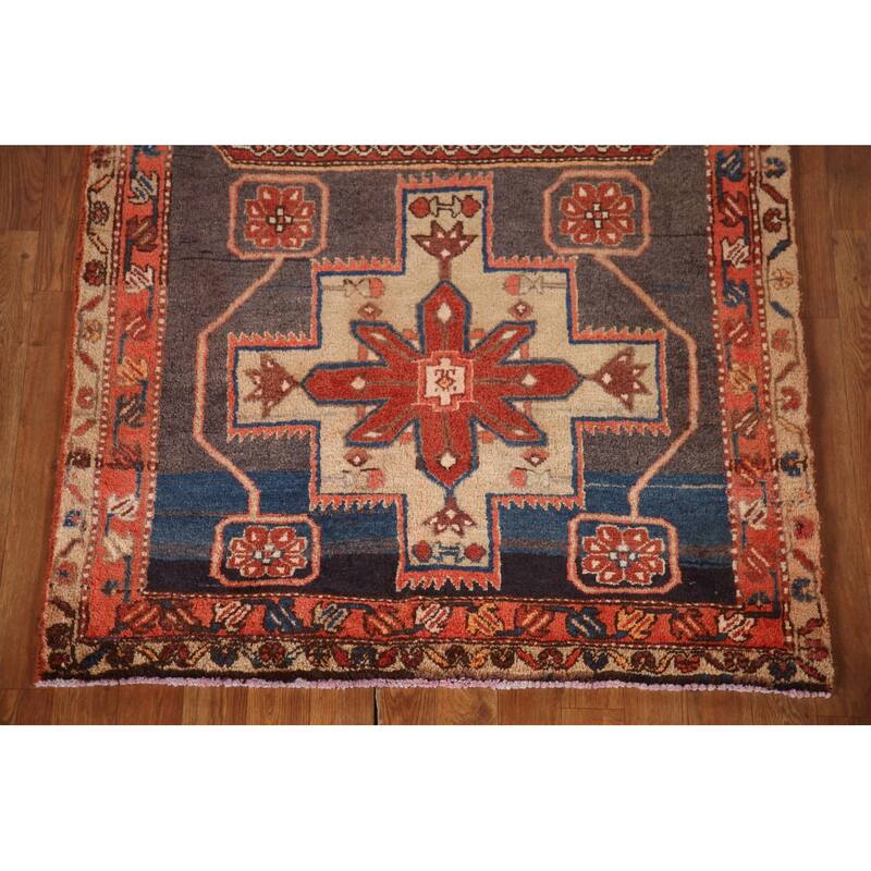 Blue Ardebil Persian Vintage Runner Rug Hand-knotted Wool Carpet - 3'6"x 11'1"