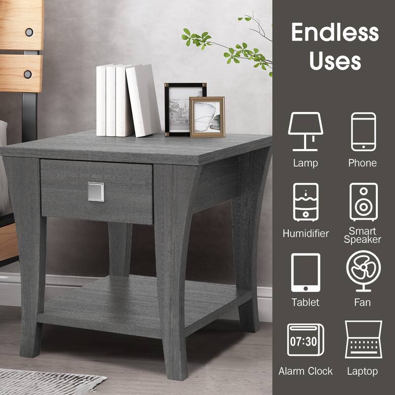 Modern Gray Solid Wood Nightstand Sofa Side Table with Drawers - 22" H x 19.8" D