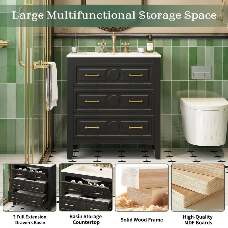 30'' Freestanding Bathroom Vanity with White Integrated Ceramic Sink - 30'' x 18.3'' x 34''