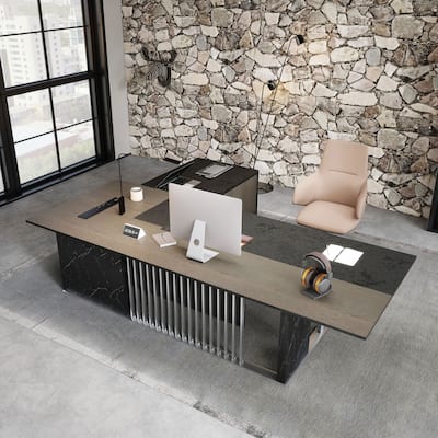 WESOME Large L Shaped Executive Desk with Power Outlet Wireless Charging