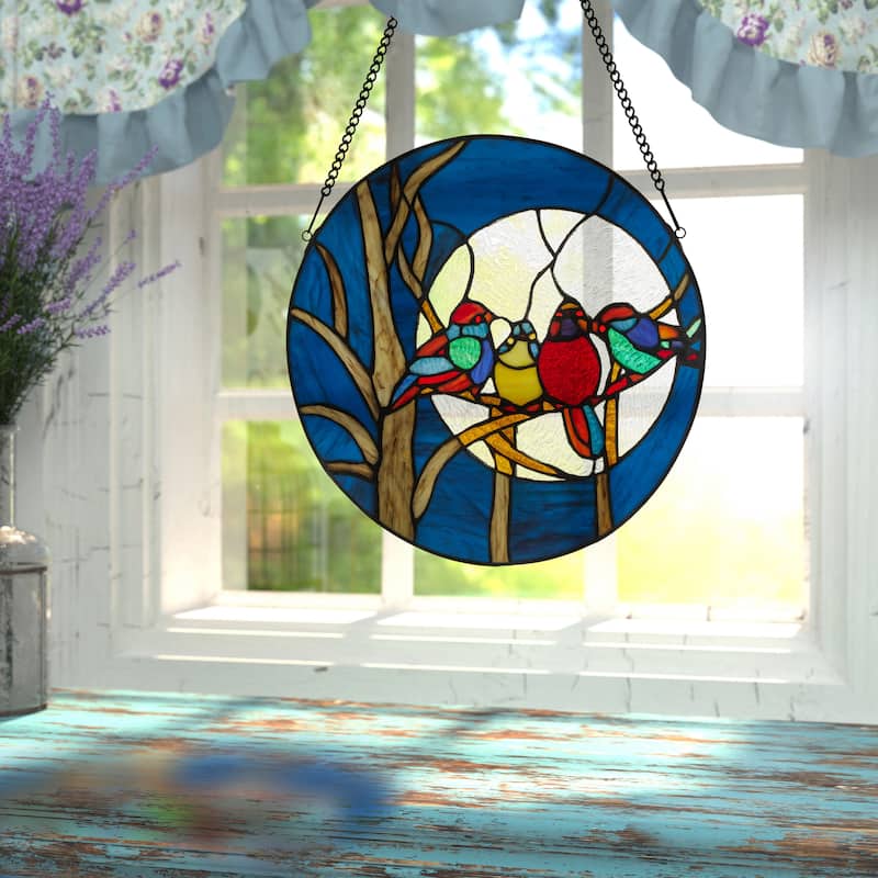 River of Goods 16"H Birds in the Night Sky Round Stained Glass Window Panel - 16"L x 0.25"W x 16"H