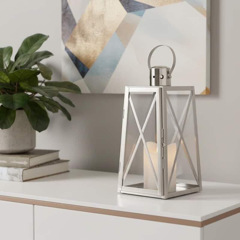 12" Clear And Silver Glass And Stainless Steel Tabletop Lantern Candle Holder - Clear/Silver