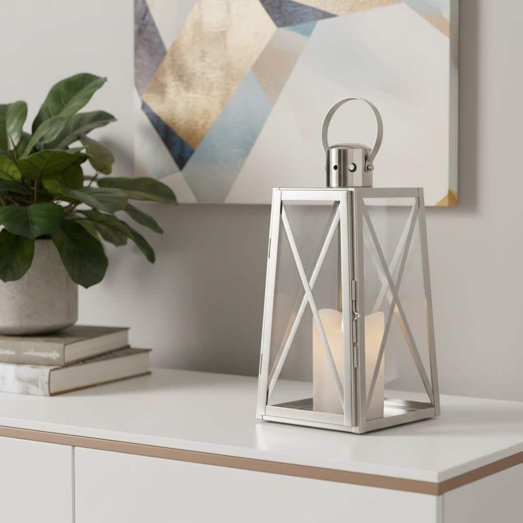 12" Clear And Silver Glass And Stainless Steel Tabletop Lantern Candle Holder