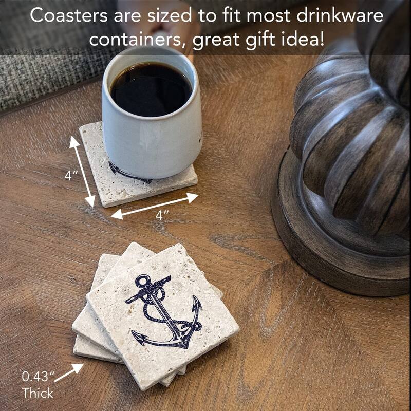 Anchor 4 Pack Natural Travertine Absorbent Stone Coasters with Protective Cork Backing Manufactured in The USA