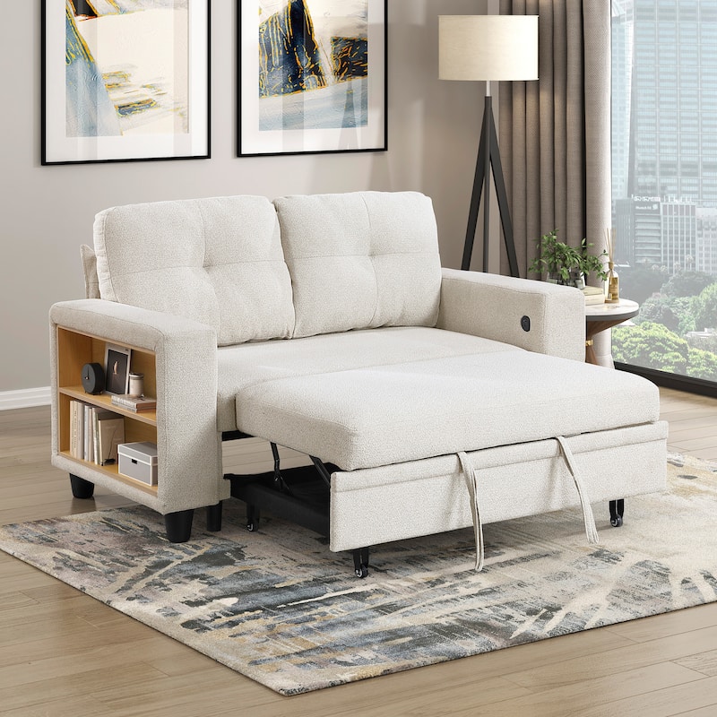 Hazel 56.5" Boucle 2-Seater Loveseat - Pull-out Bed, Shelves, USB Port