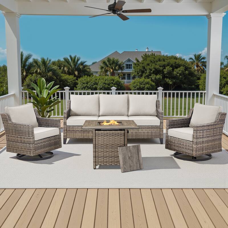 Pocassy Outdoor Swivel Chair with Sofa with Fire Pit Table - Beige Cushion Gray Wicker - 4-Piece Sofa Siwvel Chair w/ Fire Pit Table