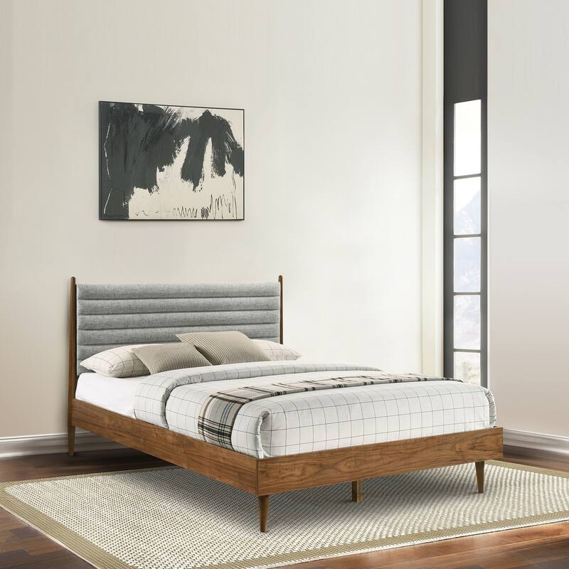 Farmhouse Wood Bed Frame - Platform Bed with Headboard - Walnut Finish - Queen King Size