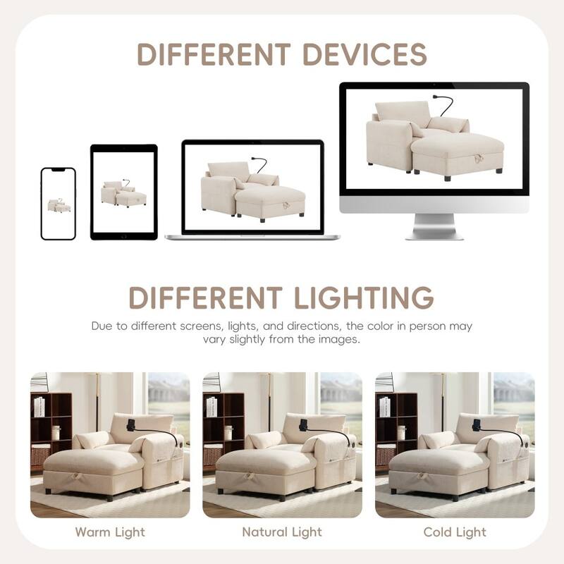 38" Chenille Single Sofa with Storage Ottoman, USB Charger, Side Storage Pockets, Pillow-like Armrests