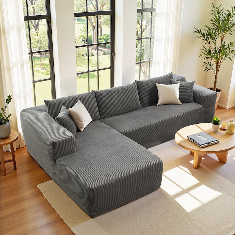 HOOOWOOO Modern L-Shaped Sectional Sofa Corduroy Upholstery Couch with Pillows - Grey