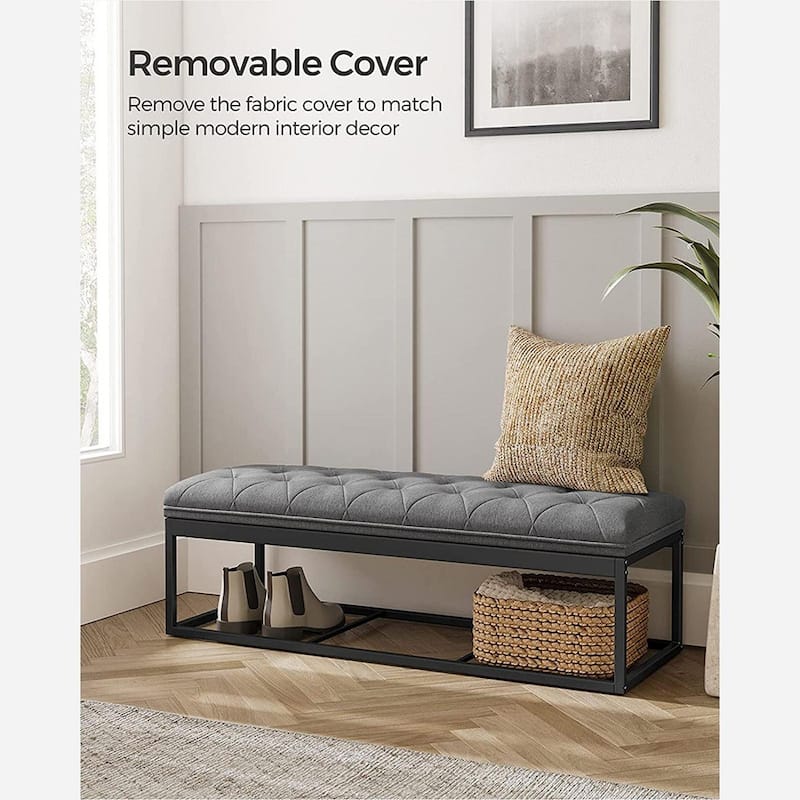 Gray Fabric Storage Ottoman Bench with Wooden Legs, Supports Up to 660 lbs