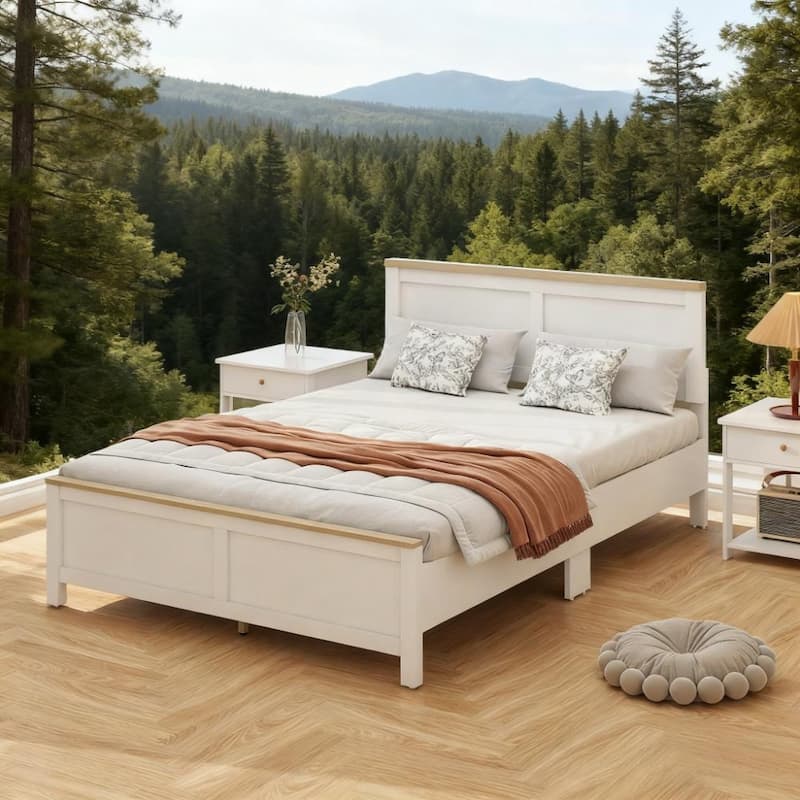 Modern White Full Bed Frame with Headboard, Minimalist Design, 660 lbs Capacity - White