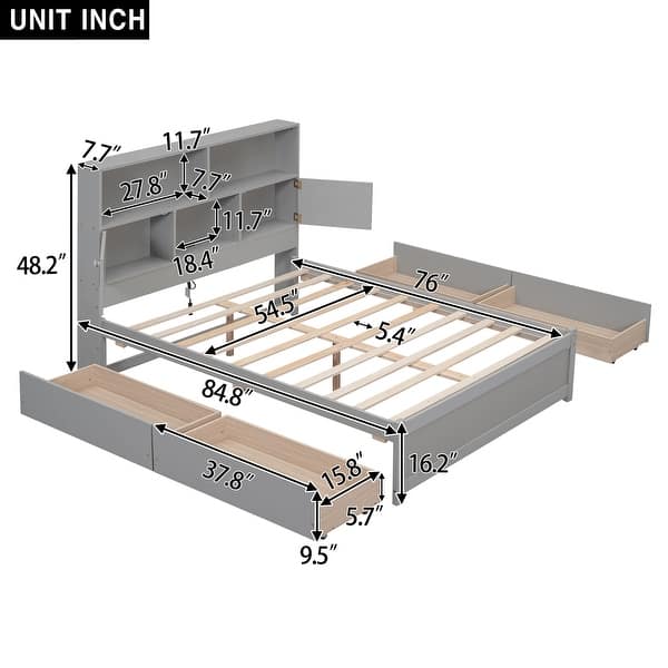 dimension image slide 1 of 2, Full Size Platform Bed with Storage Headboard, Charging Station and 4-Drawers, Grey