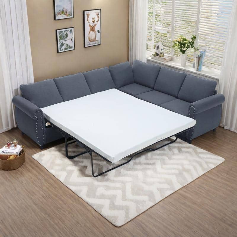 104" Polyester L-Shaped 6-Seater Sleeper Sofa with Pull-Out Queen Bed and 7 Removable Cushions - Gray