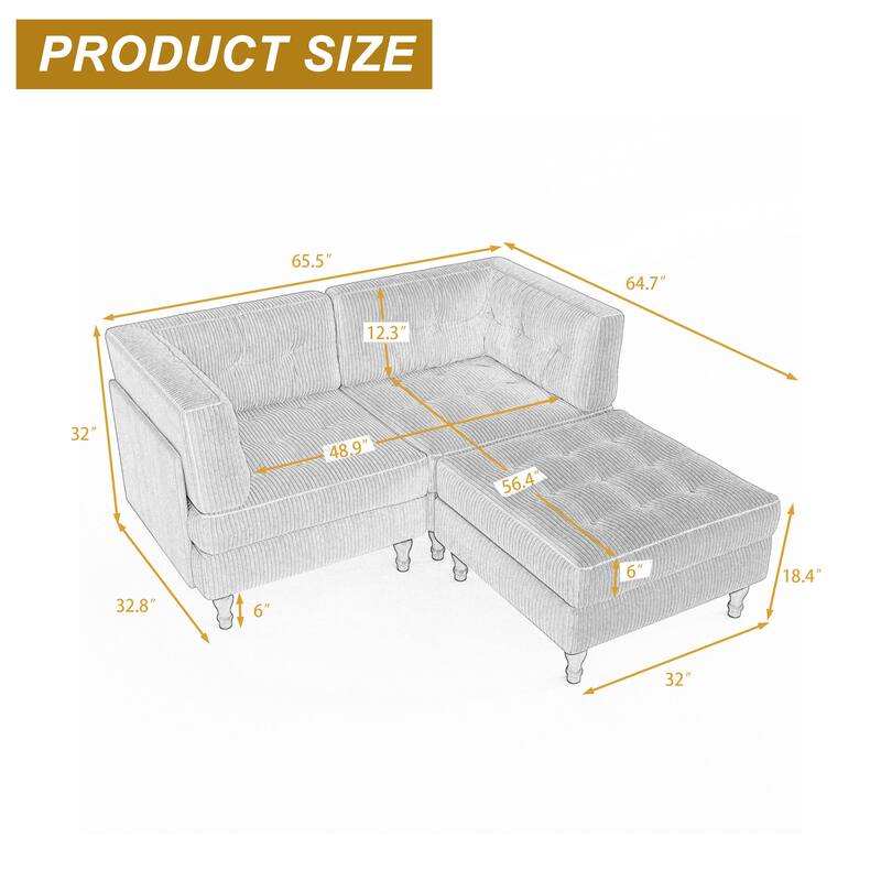 Corduroy Upholstered Modular Corner Sectional Sofa with Reversible Ottoman