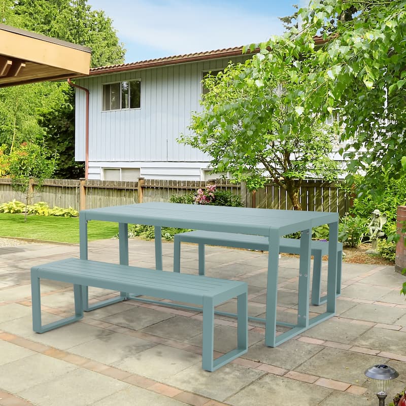 Aoodor 3-Piece Outdoor Patio Dining Set, Aluminum Furniture Set with 1 Rectangular Picnic Table and 2 Benches - N/A
