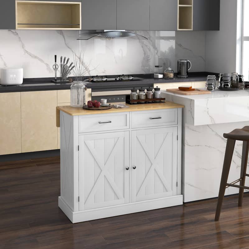 White MDF Rubberwood Kitchen Island with Drop Leaf, Drawers and Casters - 41.25" L x 23.5" W x 35.5" H - White