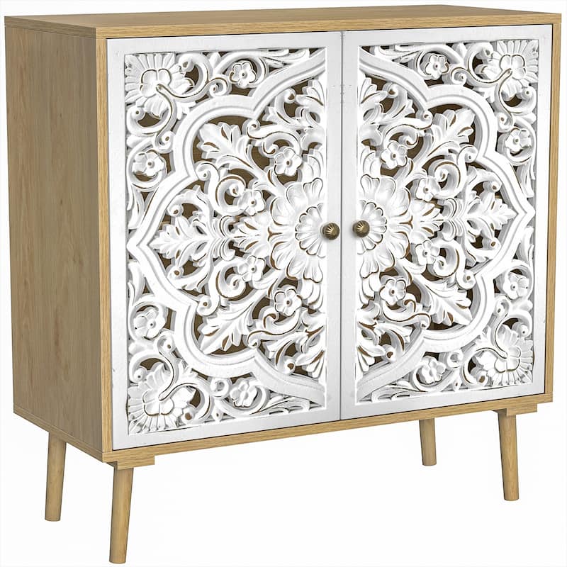 Anmytek Modern 2-Door Wood Sideboard Buffet Vintage Carved Storage Cabinet with Adjustable Shelf - 31.5" W x 13.8" D x 31.5" H