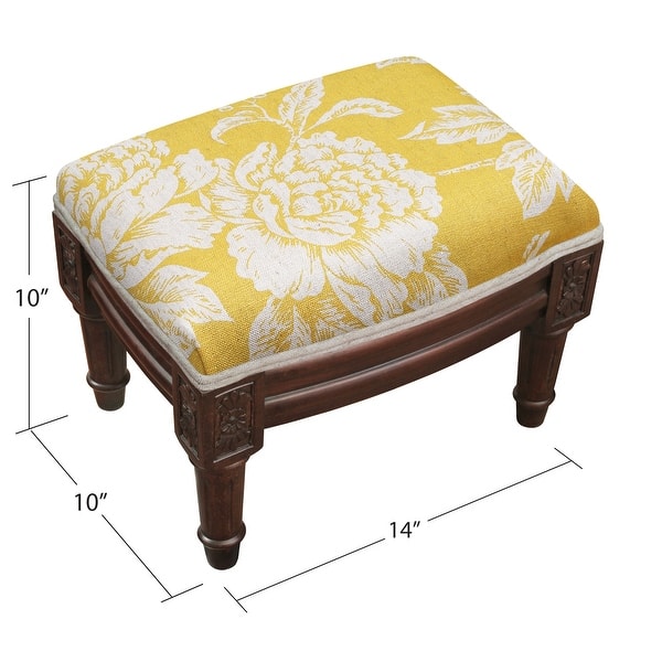 dimension image slide 1 of 2, Mustard Peony Footstool with wood stained finish