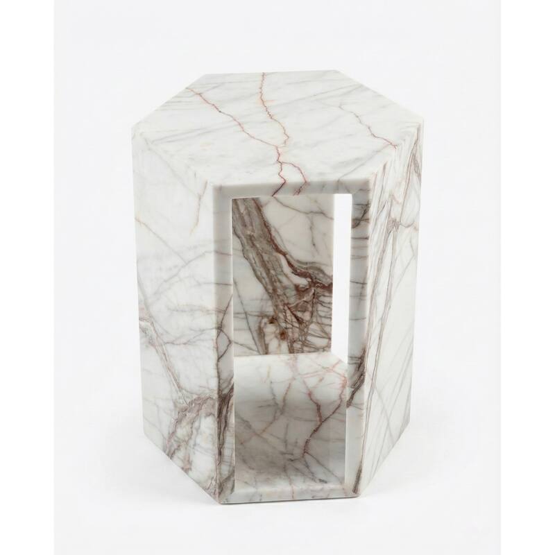 Roomfitters Luxury Natural Marble Hexagon Side Table, Solid Stone Geometric Pedestal End Table, Polished Finish