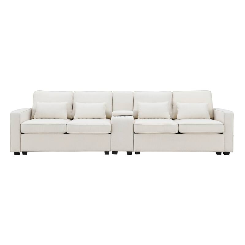 Linen Straight Row Sectional Sofa w4 Pillows, Console, Wired or Wirelessly Charged, Side Pockets, 2 Cupholders and 2 USB Ports