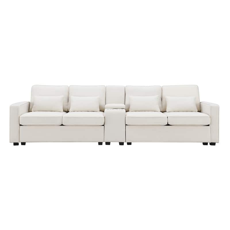 Modern 4-Seat Sofa with Console, Wireless Charging, 2 Cupholders, and 4 Pillows, Upholstered in Linen Fabric