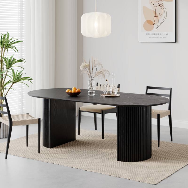 Modern Oval Wooden Dining Table - 79" Large Size, Sturdy Fluted Base, Natural Oak Finish for Dining Room