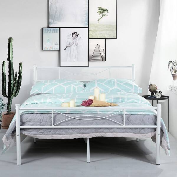 Shop Twin Full Size Easy To Assemble Metal Bed Frame Platform Box Spring Replacement With Headboard And Footboard Black White On Sale Overstock 23159701
