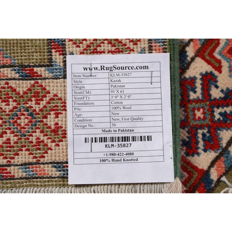 Green Geometric Kazak Oriental Rug Hand-Knotted Wool Carpet - 2'0"x 3'0"