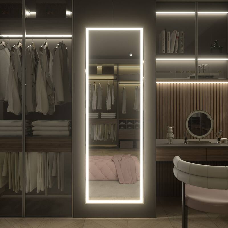 KIOTEE Aluminum Alloy Frame Led Lighted Tempered Glass Full Length Mirror With 3 Color Temperature & Brightness Adjustment
