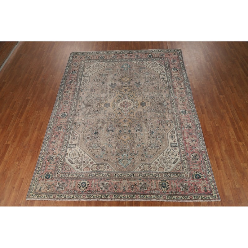 Brown Geometric Tabriz Persian Area Rug Hand-Knotted Wool Carpet - 8'2"x 11'1"