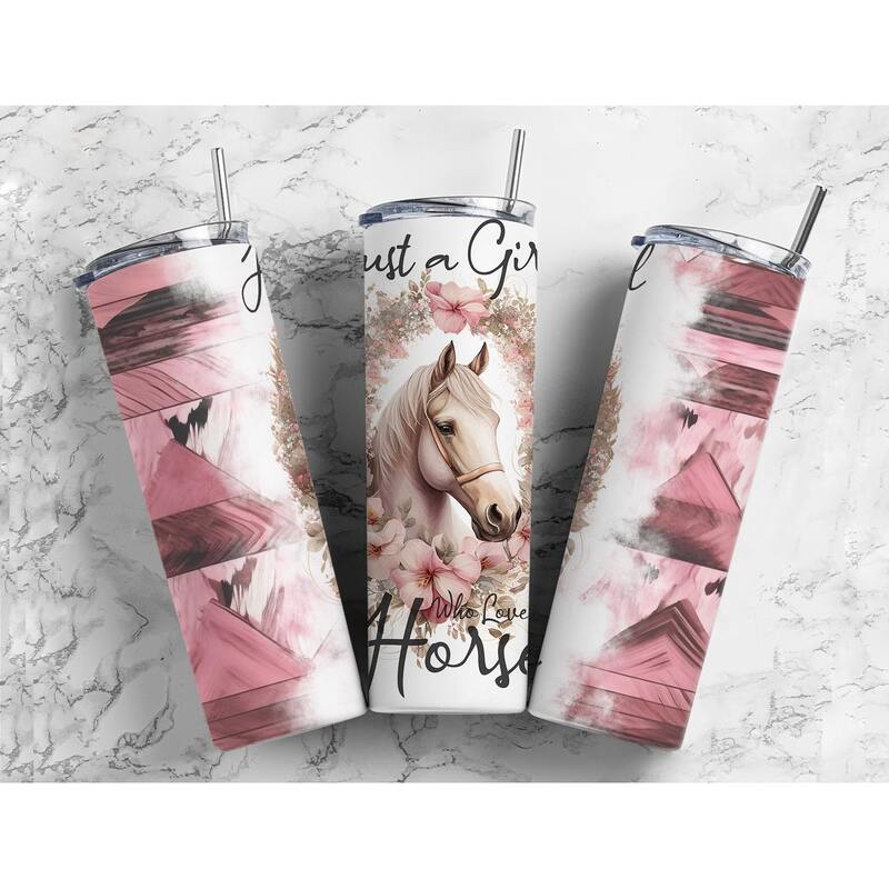 Just a Girl Who Loves A Horse Country Western 20 Oz Metal Tumbler w/Lid Straw - Multi