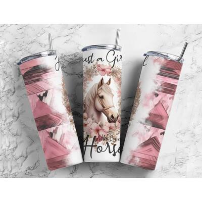 Just a Girl Who Loves A Horse Country Western 20 Oz Metal Tumbler w/Lid Straw - Multi