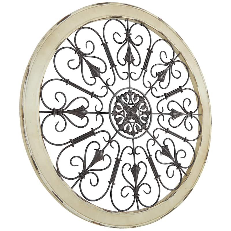 Wood Scroll Window Inspired Home Wall Decor with Metal Scrollwork Relief - White - Roche River Decor