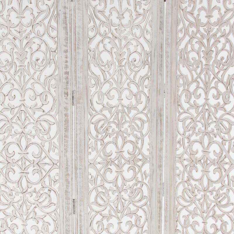 Wooden Floral Handmade Hinged Foldable 3 Panel Room Divider Screen with Intricate Carved Design - White - Roche River Decor