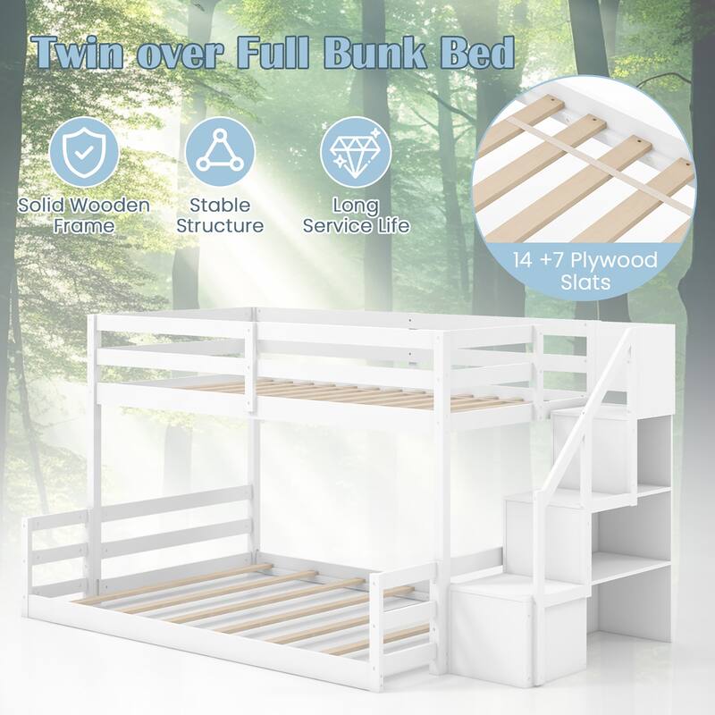 Gymax Twin Over Full Low Bunk Bed w/ Storage Stairs w/ Full-length