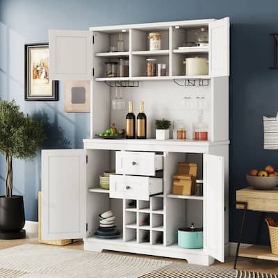 Farmhouse Home Bar Wine Storage Cabinet, Buffet Sideboard Kitchen Pantry with Adjustable Shelves, Drawers & Wine Glass Racks