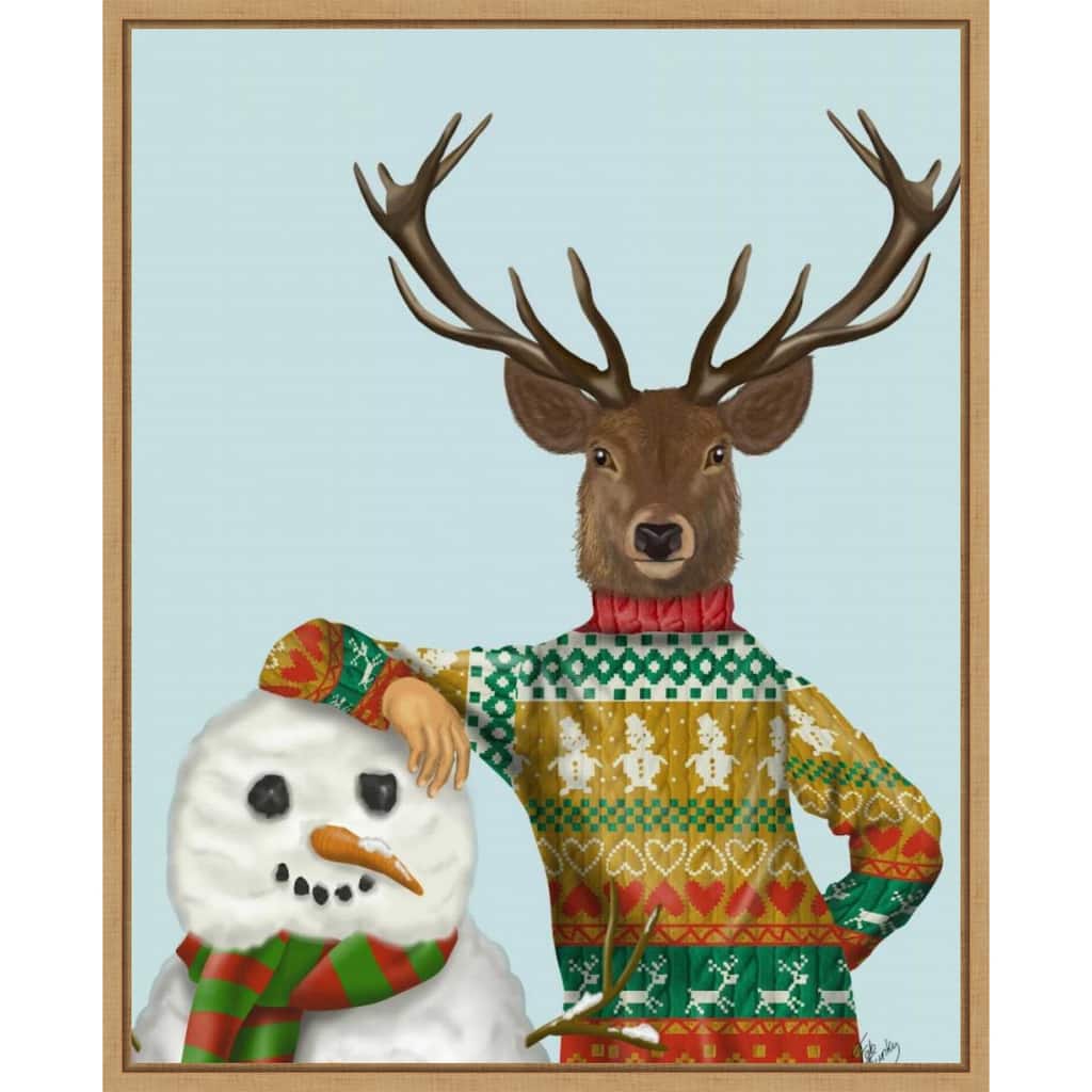Deer in Christmas Sweater with Snowman by Fab Funky (23 x 28 in.), Framed Canvas Wall Art Print - Sylvie Natural