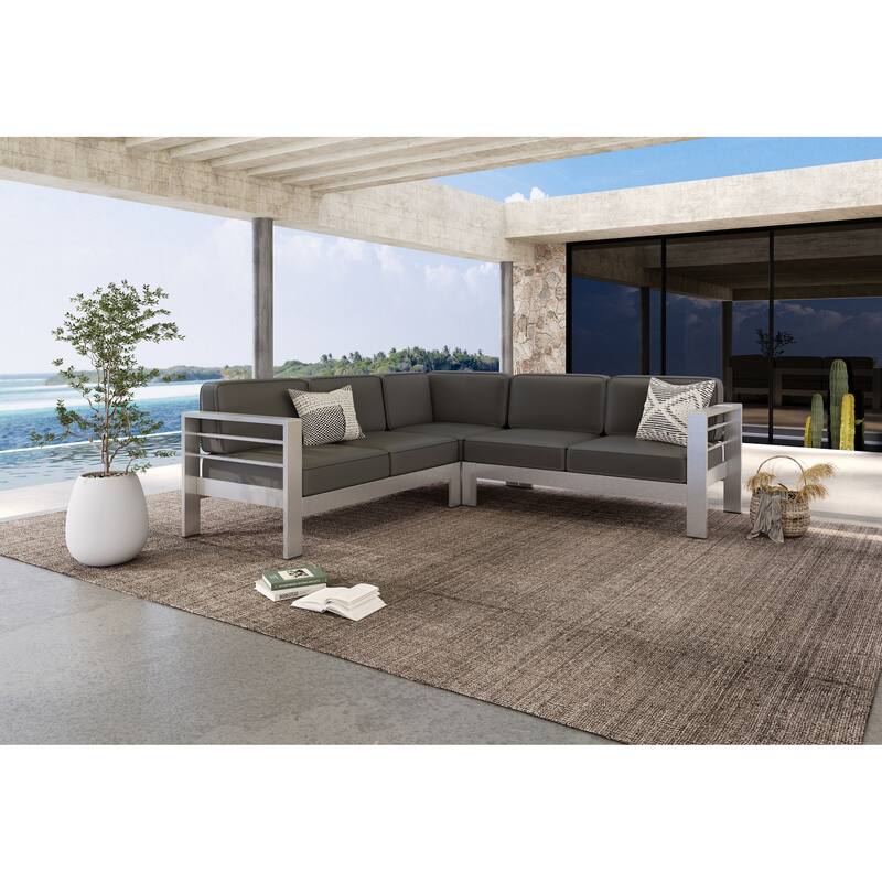 Christopher Knight Home - Ethan Outdoor V-Shaped Aluminum 4-Seat Sectional Sofa Set with Waterproof Cushion