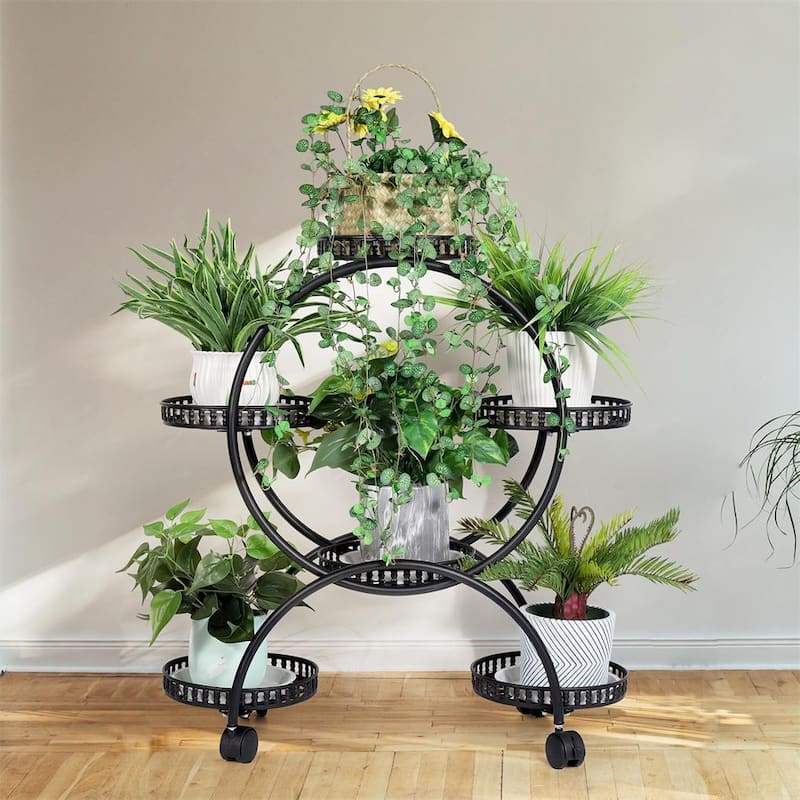 Metal 4 Tier Plant Stand 6-Potted Flower Shelf Rack Pot Holder with Wheels