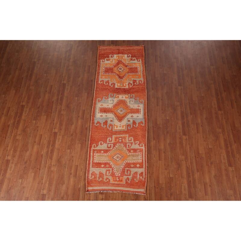 Handmade Orange Geometric Oushak Turkish Vintage Runner Rug - 3'3"x 9'4"