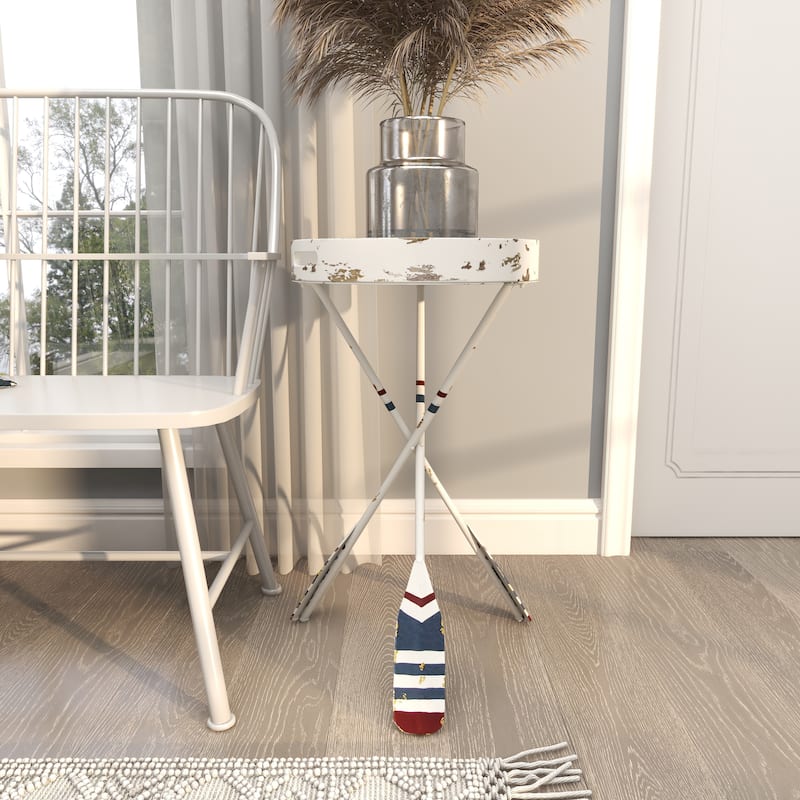 Metal Paddle Distressed Striped Accent Table with Navy and Red Striped Oar Legs - White - Roche River Decor