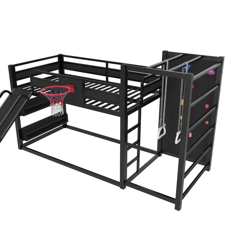 Roomfitters Metal Loft Bed with Slide and Climbing Wall, Gym Bed with Basketball Hoop, Black