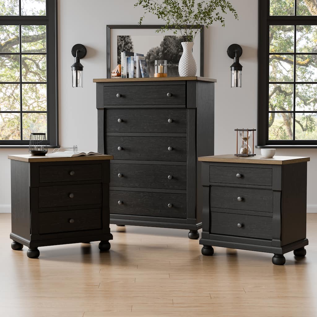 Furniture of America Lucan II 3-Piece Farmhouse Black Chest and 2 Nightstand Bedroom Set