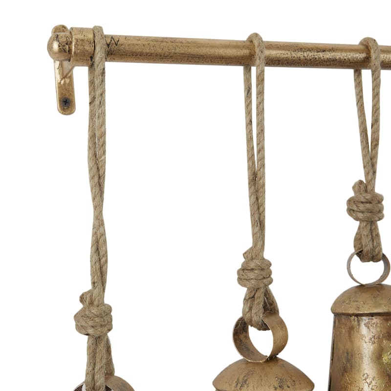 Bronze Metal Tibetan Inspired Indoor Outdoor Decorative Cow Bells with 12 Bells on Jute Hanging Rope and Metal Rod