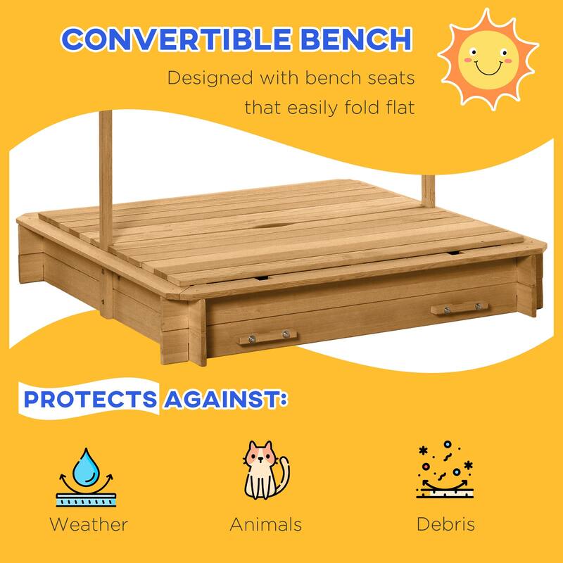 Wooden Kids Sandbox with Cover, Children Outdoor Sand Box with Foldable Bench Seats,Adjustable Canopy