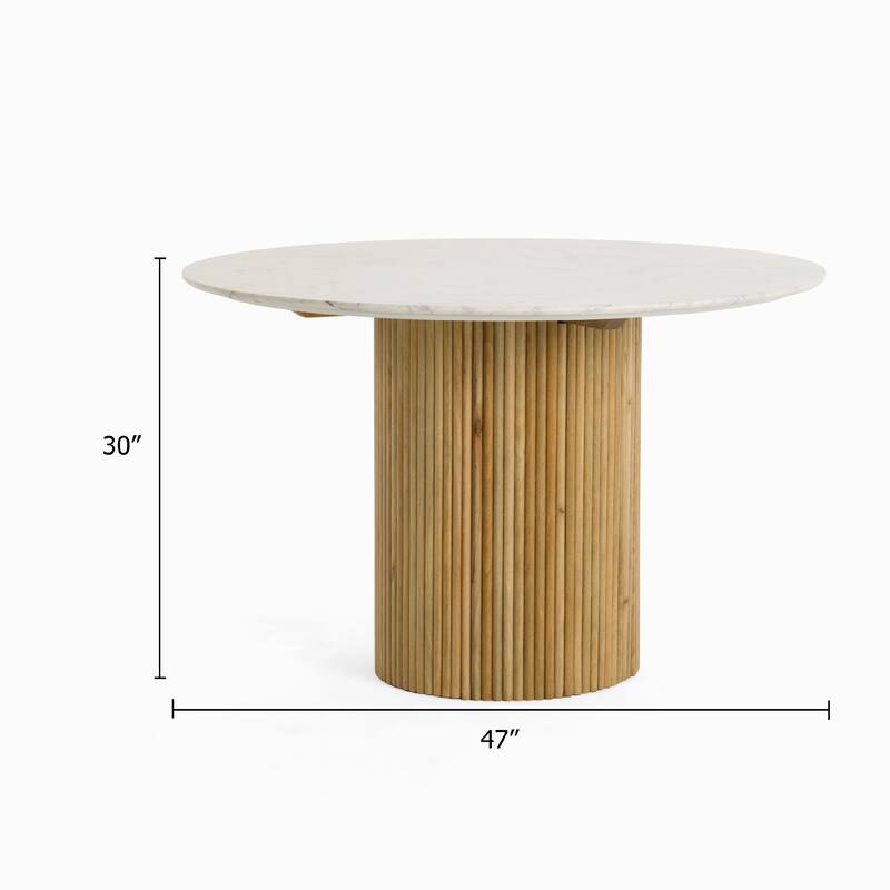 Cid Jolie Dining Table, Fluted Brown Wood, Round Carrara Marble Top, 47 Inch - Brown, White