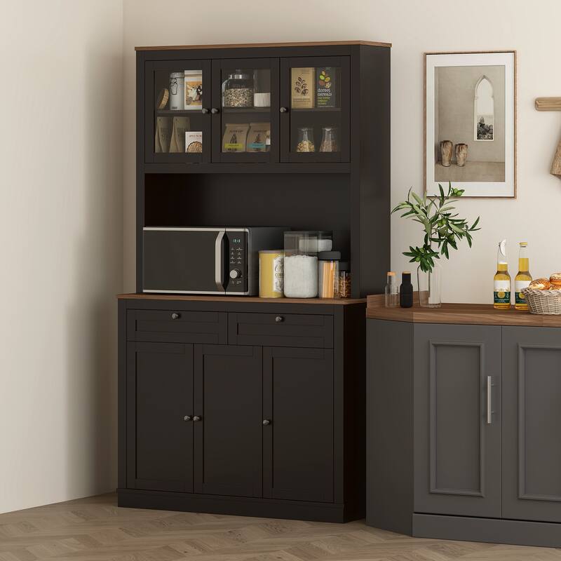 Tall Adjustable Shelves Kitchen Pantry Cabinet with Glass Doors and 8 Compartments 2 Drawers - 39.4" W x 15.7" D x 70.9" H - Brown-Oak