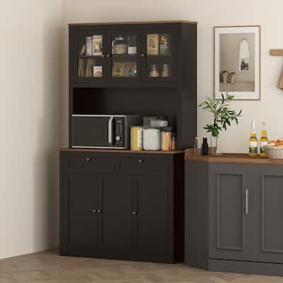 Tall Adjustable Shelves Kitchen Pantry Cabinet with Glass Doors and 8 Compartments 2 Drawers - 39.4" W x 15.7" D x 70.9" H