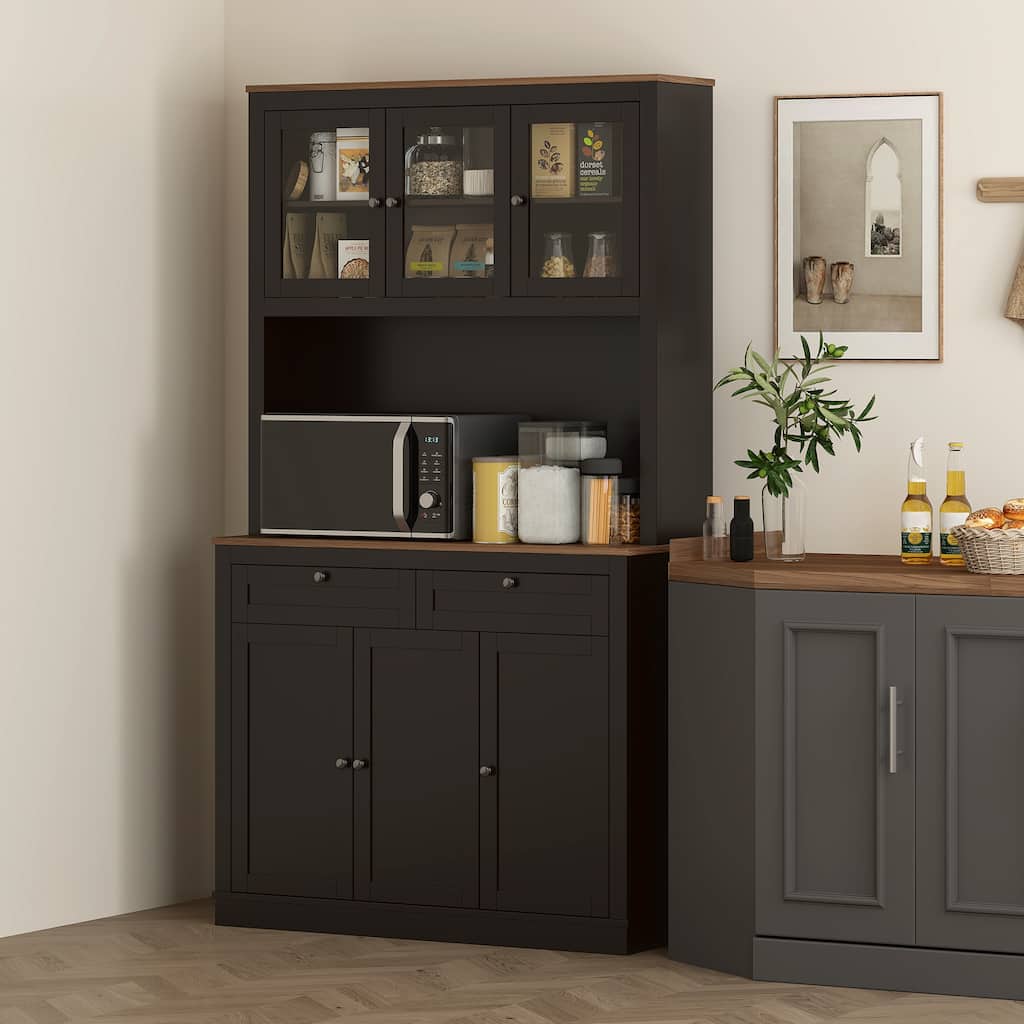 Tall Adjustable Shelves Kitchen Pantry Cabinet with Glass Doors and 8 Compartments 2 Drawers - 39.4" W x 15.7" D x 70.9" H