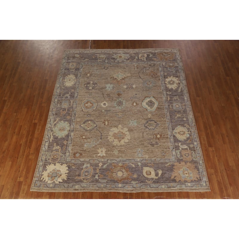 Hand Knotted Oriental 100% Wool Carpet Transitional All-Over Brown Oushak Area Rug - 9' 10'' X 8' 2''